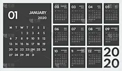 2020,暗色,星期一,矢量,日历,极简构图,12到15个月,开端,数字2,背景聚焦