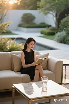 jimeng-2025-05-14-788-高端优雅女性坐在现代风格沙发专注阅读，米色沙发搭配金属边桌，晶莹剔透的玻璃杯折射夕阳余晖，浅景深效果突出人物与静物，背景模糊的绿植庭院隐约可见，自然光人像摄