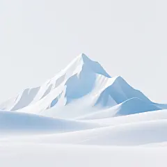极简主义风格雪山插画，白色背景，画面整体以纯净的白色和不同层次的蓝色、浅灰色构成，呈现出光滑细腻的3D渲染质感，光影柔和，高光部分明亮，阴影过渡自然，远处的雪山轮廓清晰，近处的雪地有柔和的起伏，整体氛围宁静、纯净、空灵，构图简洁大方，雪山占据画面主体位置，具有强烈的视觉冲击力和现代设计感。