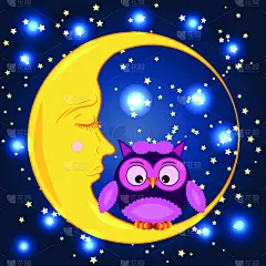 可爱的,猫头鹰,秃树,圆形,卡通,婴儿,女孩,夜晚,白昼,坐