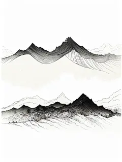 极简主义山水插图，水墨山脉由不同的线条组成黑白