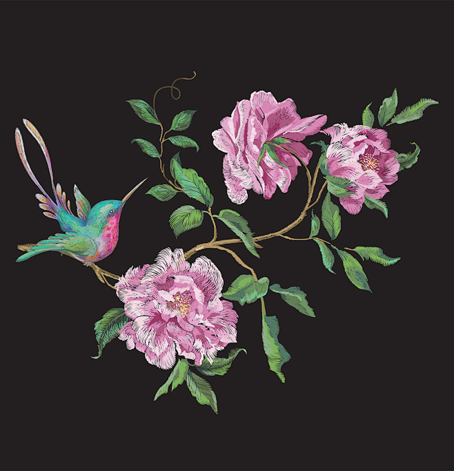 矢量图ai花卉牡丹花枝鸟花鸟绣花暗黑家纺插画师ngalitsky植物局部