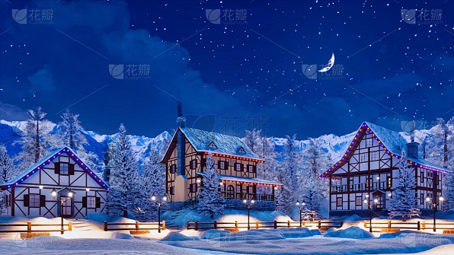 冬天的夜晚，大雪覆盖的高山小镇素材-花瓣网