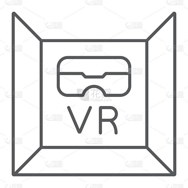 VR房间细线图标、游戏技术、虚拟现实空间标志、矢量图形、白色背景上的线性图案。素材-花瓣网