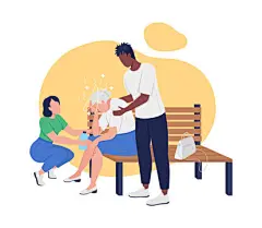 图源免费EPS文件 |Heat stroke in elderly 2D vector isolated illustration. Older adult suffering from overheating and dizziness flat characters on cartoon background. Providing first aid for sunstroke colourful scene