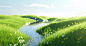 the grass in the field is very green, in the style of surreal 3d landscapes, calm waters, octane render, light azure and yellow, hyperrealistic rendering, floating structures, flower and nature motifs