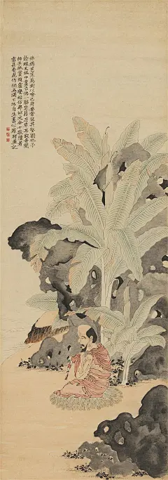 罗聘——《芭蕉罗汉》【佛称芭蕉为树…】人物小景 立轴欣赏  |  
清|罗聘(1733-1799)，&quot;扬州八怪&quot;之一。字遯夫，号两峰，又号衣云、花之寺僧、金牛山人、师莲老人等。祖籍安徽歙县，后迁扬州。为金农入室弟子，人物、佛像、山水、花果、梅、兰、竹等，无所不工，笔调奇创，超逸不群，别具一格。妻方婉仪，字白莲，亦擅画梅兰竹石，并工于诗。子允绍、允缵，均善画梅，人称&quot;罗家梅派&quot;。