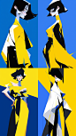yellow, white and black color scheme, simple shape, abstract Memphis, one girl by flat illustration, portrait, white face, black hair, blue background, slender figure, exaggerated body proportions, fashion catwalk. look forward, facing the audience, --ar 