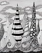 Fantasyscape Black and White India Ink and Colored Pencil Drawing