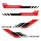 This may contain: the front and rear side decals are designed to look like an arrow, with red stripes