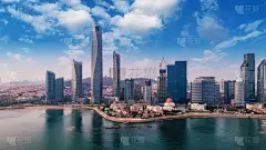 航拍青岛城市风光和金融区的现代建筑