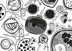 【一人食的精致、两人食的甜蜜、多人食的幸福】原创松下电饭煲AC071  电饭煲 设计海报。除电饭煲外，海报的背景食物均为设计者（时墨）用针管笔手绘而成。手绘的食物体现出电饭煲功能的多样性；海报分为三个主题：一人食、两人食、多人食，这三个主题重在体现出该款电饭煲在容量上能满足各类型消费者的需求。
