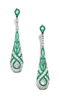 PAIR OF EMERALD AND DIAMOND EAR PENDANTS | lot | Sotheby&#;39s - Each tapered drop millegrain-set with calibré-cut emeralds, highlighted with circular-cut diamonds, hinged post fittings.  $8,948.88 USD (includes Buyer&#;39s Premium) - 2011.