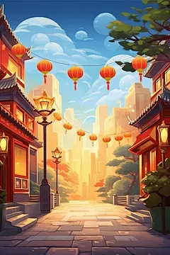 庆典国潮建筑漫画扁平风插画