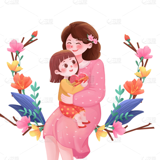 温馨可爱的母女插画元素