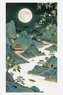 国潮中国风古风节气中秋山水插画