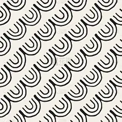 单色极简部落无缝模式与弧线。矢量背景与黑色艺术上的白色圆形条纹。