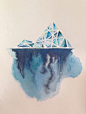 Iceberg inspiration only...Use white paper and white crayon to draw horizon, iceberg. Then use different shades of blue watercolor to paint sky, water, and light, light blue to paint iceberg.