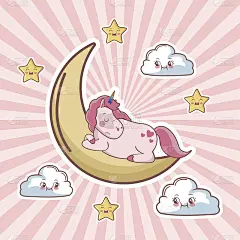 卡通独角兽睡觉月亮云星星