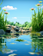 water pond theme screenshot 6, in the style of 32k uhd, nature-inspired motifs, bright backgrounds, sudersan pattnaik, high detailed, realistic usage of light and color, clean and simple designs