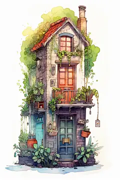 花园房子美术绿植植物房屋水彩画铅笔插画