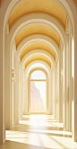 an archetypal room in white and gold with arches, in the style of light bronze and light amber, 32k uhd, realistic hyper-detail, light yellow and light gold, passage, deco-pop