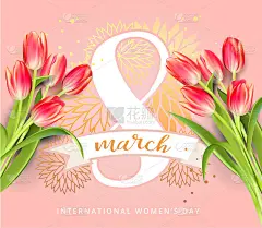 国际妇女日。字体设计。8 3月8日妇女节贺卡模板与郁金香花束在粉红色的软背景与金色装饰字母矢量插图