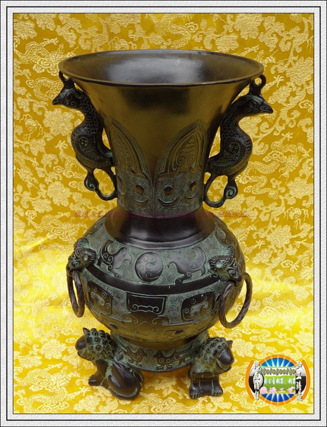 仿古青铜器工艺品摆件 三狮花瓶古玩收藏爱...