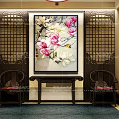 新品手绘中式工笔油画欧式玉兰花走廊客厅装饰玄关挂画壁画竖版-淘宝网