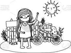 自行车,女孩,地形,可爱的,小的,儿童,童年,休闲活动,欢乐,草图