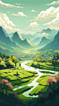 Spring bright green tones, mountains, clouds, water, terraces, mountain villages, willows, bamboo, grass, peach blossoms, wide angle, natural light, cinematic light,flat illustration,super detail, 16k, best quality