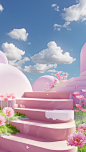 3d rendered blue sky image with flowers and step, in the style of temmie chang, soft and rounded forms, romanticized landscapes, moshe safdie, pink, sketchfab, miwa komatsu