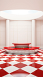 White and red podium with red and white checkerboard tiles , architecture, studio light, natural, realistic photography, magazine cover