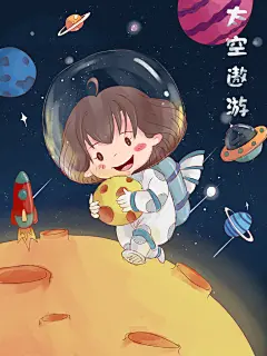 手绘大气火箭遨游宇宙星球太空插画
