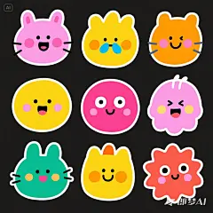jimeng-2025-05-06-1037-可爱卡通彩色手绘简笔画，各种搞怪的表情的小装饰合集，撞色鲜艳，图案完整