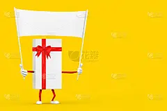 白色礼盒和红丝带人物吉祥物和空白色空白横幅与自由空间为您的设计。3d渲染