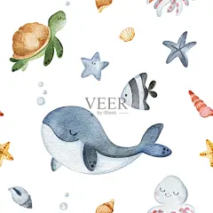 可爱的无缝背景与乌龟，贝壳，鱼类，鲸鱼，章鱼和海星。插画图片素材