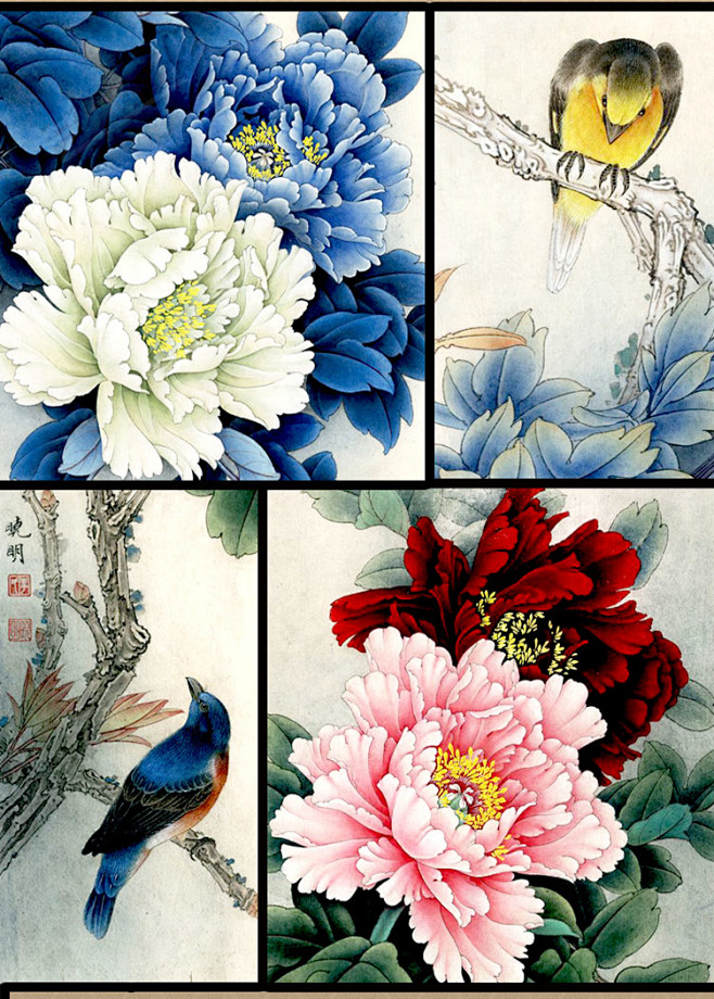 中国画工笔李晓明四条屏已装裱成卷轴牡丹花鸟字画现代客厅装饰画淘宝