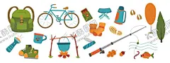 郊外徒步旅行钓鱼骑行元素 【酷图网】郊外徒步旅行,徒步旅行,钓鱼,骑行插画元素,扁平风元素,背包,自行车,登山靴,野餐,鱼竿,保温杯,卡通树木,鱼饵,折叠凳,卡通插画,卡通贴纸,水彩元素,水彩插画,插画元素,手绘插画,插画设计,矢量元素,元素设计