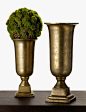 Our Antique Brass Trophy Urns are crafted of aluminum with a brass finish, and made with antique details for an aged and vintage look. They're great for a taller or bigger arrangement of branches, flowers, or simply topped with a pomander. Here we just ad