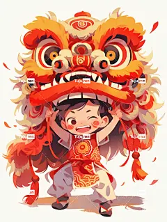 舞狮少年水彩插画喜庆海报