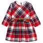 Red Check Dress with Belt : red, ivory and grey checked dress by Mayoral Chic, with a removable tan belt. The dress has three-quarter length sleeves, with a full skirt gathered at the waist and decorative pockets, secured with buttons. Lined in a cotton b