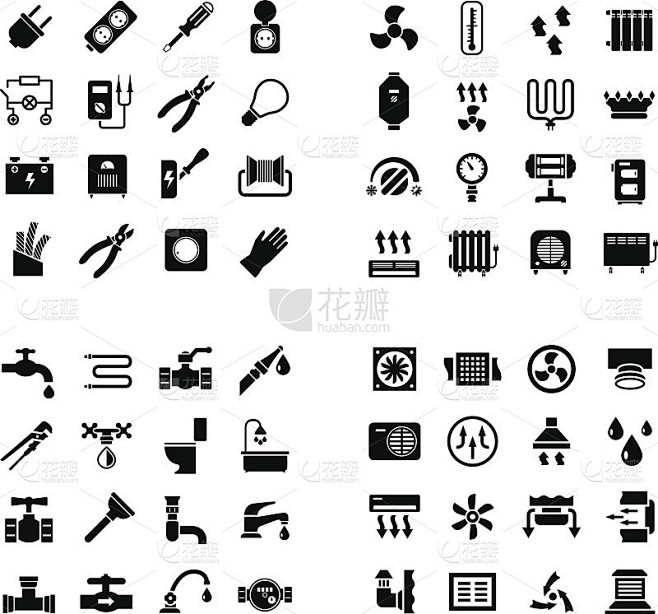 系统图标。设置电力、供暖、管道、通风的图标