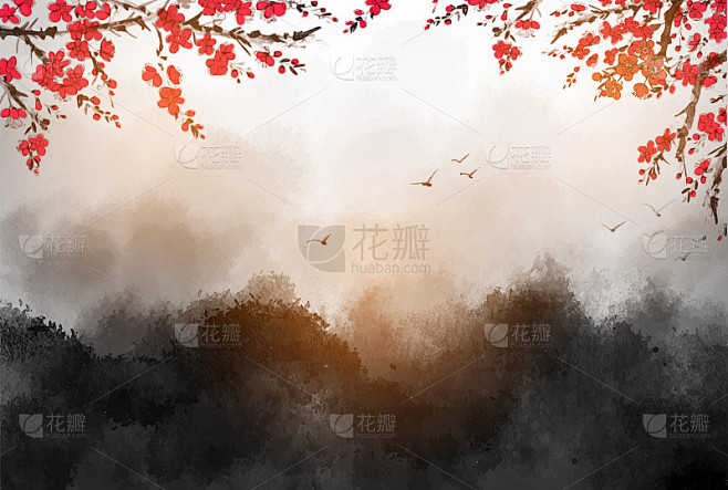 风景与樱花，雾森林山和成群的燕子在天空中...