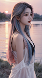  Watercolor painting of a girl with silver gradient hair, blue hair, and pink hair in a Science fiction style.Messy long hair. Delicate skin with. Upper body. Gazing at each other. The background is the sunset dusk. , huliya