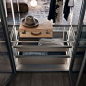 Floor base and top in gray oak melamine, shelves in gray transparent glass with brushed lead ring, pull out accessories in argilla regenerated leather.