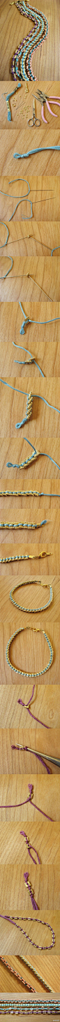 #Beads And Threads Bracelet#珠线编手链，用得绣线。善用了金属隔片是亮点，没什么难度，却可以自己琢磨变化。