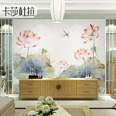 卡莎中式山水荷花壁纸中国风客厅背景墙玄关卧室墙布电视墙壁画