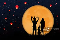 中秋 月亮 家庭 团圆 灯笼 许愿灯 节日 剪影 温馨