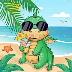 可爱的卡通绿龙戴着黑色太阳镜，在海滩上喝柠檬水。用太阳、海洋、棕榈树、海星和沙子描述自然界中的动物.
